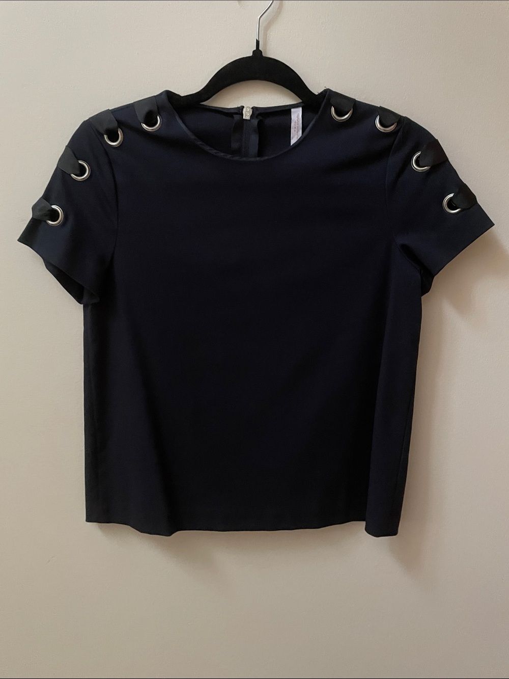 Zara Short-Sleeve Top with Silver Grommets and Ribbon